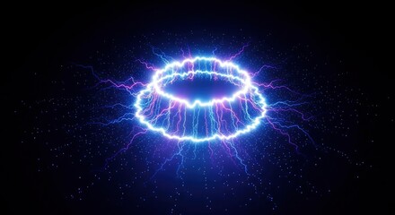 Fototapeta premium Vibrant glowing ring with electrical arcs and scattered luminous specks on a dark backdrop
