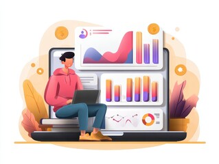 Web analytics and statistical marketing strategy. Page view and conversion rate graph and customer icons. Analyst using laptop computer to analyze data