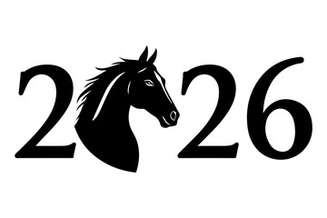 horse head illustration with number 2026 black silhouette on white background symbol of new year celebration and chinese zodiac calendar design concept of astrology holiday publishing advertising