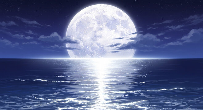 Photo of a large, luminous full moon shines brightly over a calm ocean at night, casting a shimmering reflection on the waters surface