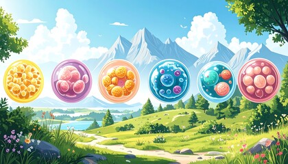 Colorful cells in petri dishes, idyllic landscape