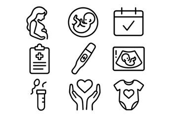 Pregnancy and maternity line icon set. Gynecology, obstetrics, and motherhood symbols. Fetal development, ultrasound, ivf fertilization and pregnancy test icons. Vector.
