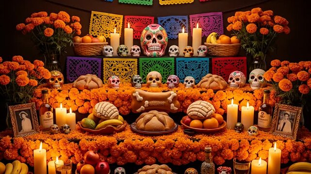 Ofrenda altar display with calaveras, pan de muerto, candles, cempas?chil flowers, and portraits