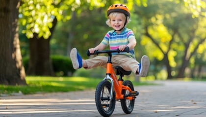 Child riding bicycle joyfully in park outdoor lifestyle photography bright green environment playful viewpoint