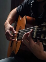 Obraz premium Strumming melodies guitar performance in a cozy room musical artistry intimate atmosphere close-up view