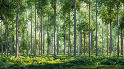 Obraz premium Lush and Serene Woodland Scene with Tall, Slender Trees and Vibrant Green Undergrowth Bathed in Bright Sunlight, Evoking Peaceful Natural Environment