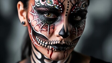Woman's face painted in sugar skull style for Halloween, with dark colors and intricate designs