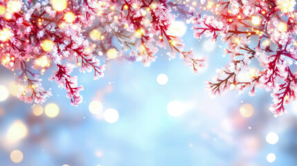 Obraz premium Delicate pink and white cherry blossoms adorned with shimmering golden bokeh lights, elegantly framing serene and ethereal light blue spring sky.