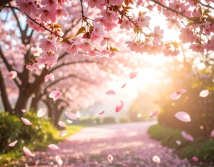 Pink cherry blossoms in spring sunlight