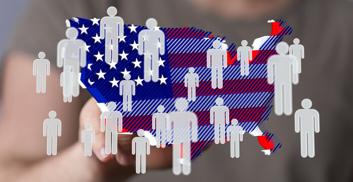 Stock photo of a US map overlaid with people icons, ideal for demographics, census, or market reach.