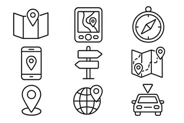 Navigation and travel outline icon set. GPS, map, and location symbols collection. Line art for direction, route, destination, and tourism. Vector pack for web, app, and print.