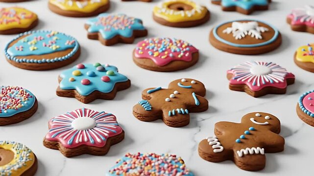 Varied assortment of decorated sugar cookies on a marble surface