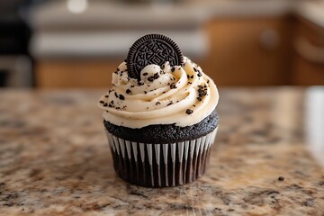 A single cookies and cream cupcake with crushed biscuit frosting and a mini Oreo cookie garnish 