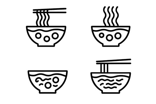 Naklejki Noodle soup outline icon set. Asian food collection. Ramen, pho, udon bowl with chopsticks. Hot meal symbol. Simple line art vector illustration for restaurant menu.