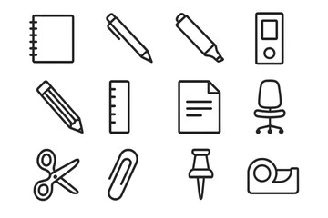 Office supplies linear icon set. Essential stationery outline icons collection. Business and school items. Vector pictogram symbols like pen, pencil, scissors, and paperclip.