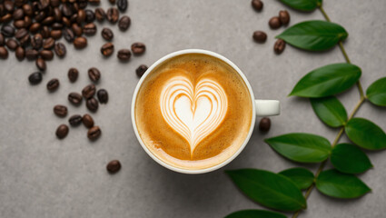 International Coffee Day, Top view of a cappuccino with latte art heart inside, surrounded by roasted beans and coffee leaves, flat modern design.