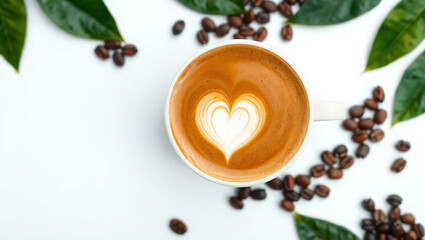International Coffee Day, Top view of a cappuccino with latte art heart inside, surrounded by roasted beans and coffee leaves, flat modern design.