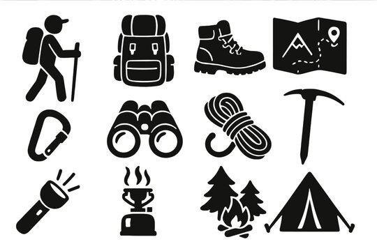 Hiking and camping icons set for outdoor adventure. Vector silhouette collection of mountain climbing gear and equipment. Backpack, tent, boot, map, campfire and tools.