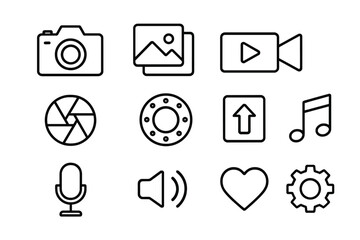 Multimedia outline icon collection. Simple vector line icons for photography, video, music, and sound. UI symbol set for app interface, website design, and social media post.