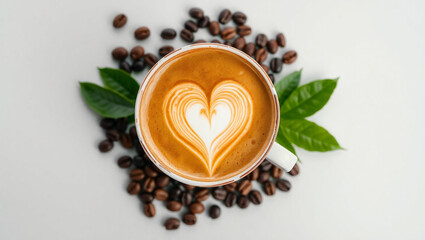 International Coffee Day, Top view of a cappuccino with latte art heart inside, surrounded by roasted beans and coffee leaves, flat modern design.