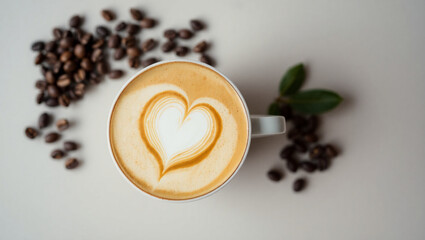 International Coffee Day, Top view of a cappuccino with latte art heart inside, surrounded by roasted beans and coffee leaves, flat modern design.