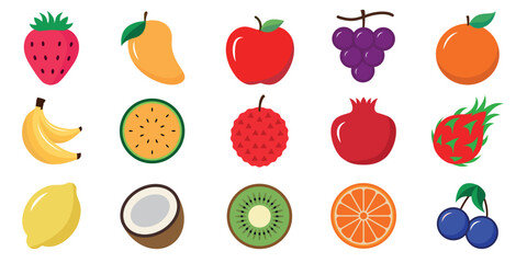 Fresh fruit icon set, juicy colorful fruits, organic healthy food flat vector design