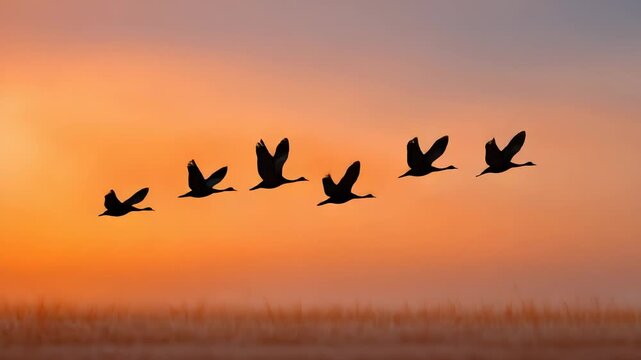 Majestic canada geese gracefully navigate the sky, their silhouettes outlined against the vibrant hues of a breathtaking sunrise, creating a captivating display of nature's beauty
