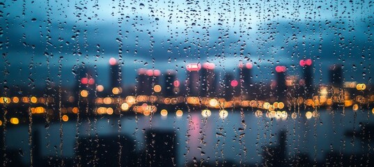Naklejka premium A Dreamlike Cityscape at Night Blurred Lights Through a Rainy Window Creating a Magical Atmosphere