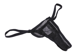 Women's sexy black thong panties on a white background. 