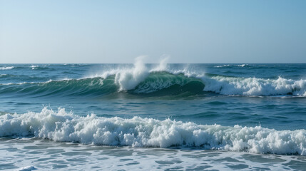 Fototapeta premium Dynamic waves crash with foamy vigor against the serene horizon, evoking the untamable spirit of the sea beneath a clear sky.