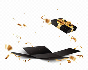 Elegant Opening Black gift boxes with golden confetti and ribbons