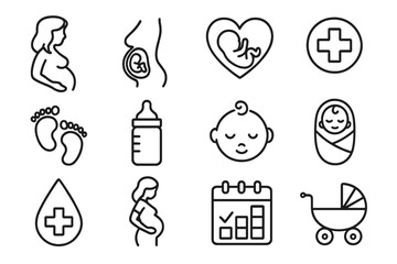 Pregnancy and maternity outline icon set. Baby care and newborn health symbols. Motherhood, childbirth, and gynecology line collection. Fetus, infant, and medical icons vector.