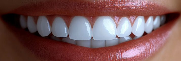 Close-up of confident and radiant smile featuring perfectly aligned white teeth and luscious, glossy lips, symbolizing optimal oral health and beauty.