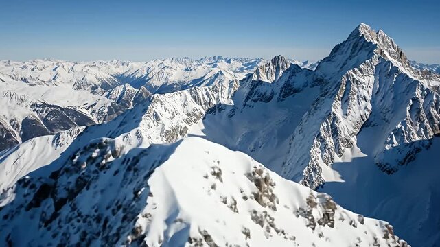 Snowy mountain ranges extend into a blue sky, peaks covered in fresh powder