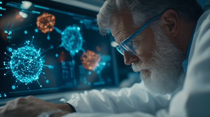 Dedicated senior scientist with white beard and blue glasses meticulously analyzing intricate glowing blue and orange molecular structures on large digital screen in high-tech research lab