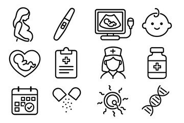 Pregnancy and maternity medical line icon set. Motherhood, healthcare, fertility concepts. Vector icons for obstetrics, gynecology, ultrasound, newborn baby care, and genetics.