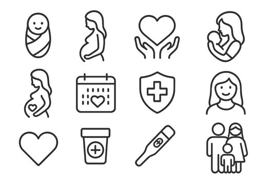 Pregnancy and maternity line icon set. Concepts of family, baby care, newborn health and love. Vector symbols of pregnant woman, test, due date calendar and medical protection.