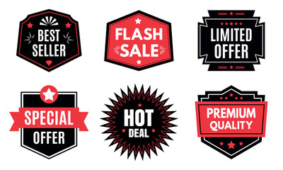 Flash sale badges vector set, discount promo labels, shopping offer stickers, ecommerce marketing tags and icons