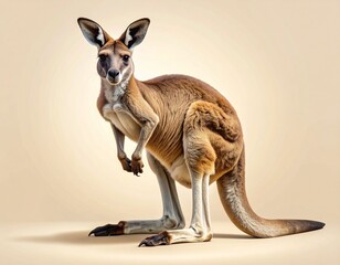 A powerful red kangaroo stands alertly, showcasing its muscular physique and distinctive features against a soft, neutral background.