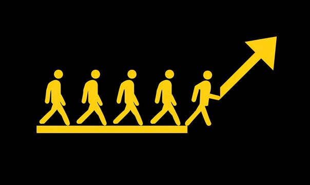 Yellow figures walking upward on a yellow step, with a yellow arrow