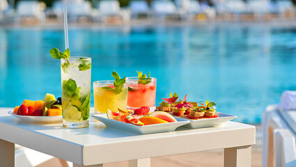 Refreshing summer cocktails and delicious appetizers served poolside on a bright sunny day perfect for vacation and leisure