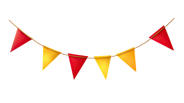 Red and yellow bunting banner festive decorative hanging flag garland celebration ornament isolated on white background
