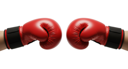 Two pristine, vibrant red boxing gloves with black straps and white stitching, poised for confrontation on a transparent studio background, concept of strategic competition