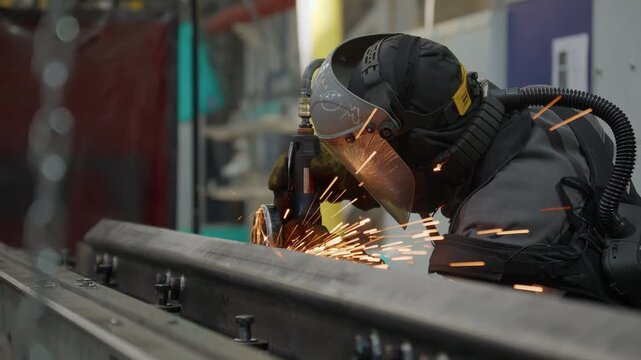 Worker in protective gear performing welding in an industrial setting