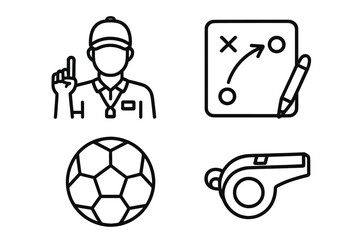 Sports coaching outline icon set. Football trainer, soccer strategy board, whistle, and ball icons. Linear vector symbols for athletic training, tactics, and game plan.