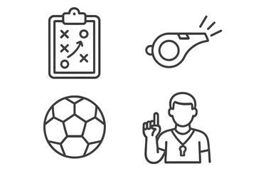 Sports coaching & training outline icon set. Includes soccer ball, coach, whistle & tactics clipboard. Linear vector symbols for football strategy, game plan & management.