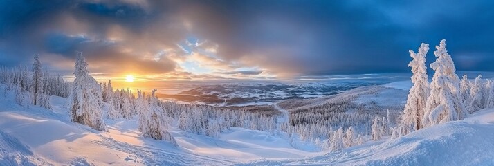 Breathtaking sunset panorama over a serene winter mountain range with snow-capped trees and clouds.