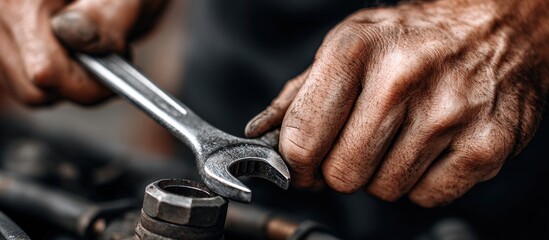Close-Up of Hands Using Wrench on Engine for Mechanical Repair