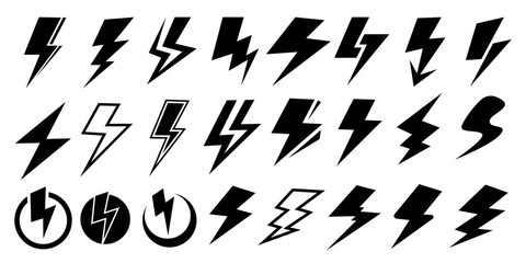 Lightning bolt icons, electric power symbols, energy thunder vector set