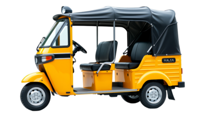 Bright Yellow Auto Rickshaw with Black Seats on Transparent Background, 3D Realism Asset for Web Design